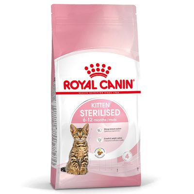ROYAL CANIN Kitten Sterilised 6–12 months, image of a cat, notes: strong immune system, growth & weight control, with antioxidants, stage 4.