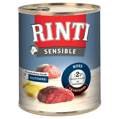 Rinti Sensible horse with potato, gluten-free, for sensitive dogs. Only 2 animal proteins with chicken liver.