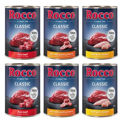 Rocco Classic Nassfutter, Sorten: Pure Beef, Beef with Poultry Hearts, Beef with Chicken. 100% frische Zutaten, getreidefreie Rezeptur, 400g Dosen.