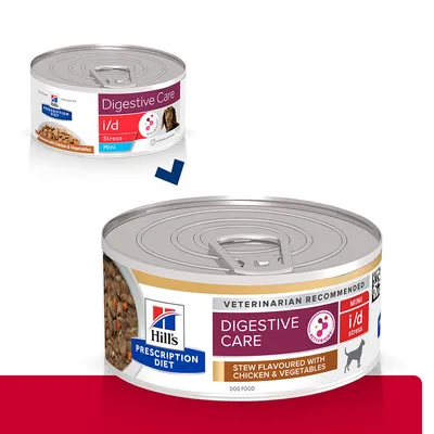 Boîte Hill’s Prescription Diet Digestive Care i/d Stress Mini, recommandé par vétérinaire, ragoût saveur poulet et légumes, alimentation pour chien visible sur l’étiquette. Boîte Hill’s Prescription Diet Digestive Care i/d Stress Mini, recommandé par vétérinaire, ragoût saveur poulet et légumes, alimentation pour chien visible sur l’étiquette.