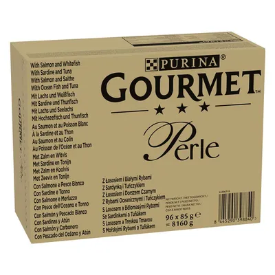 Purina Gourmet Perle, 96 x 85g, okusi: z lososom in belo ribo, sardinami in tuno, molom, morsko ribo in tuno. Neto teža: 8160g.