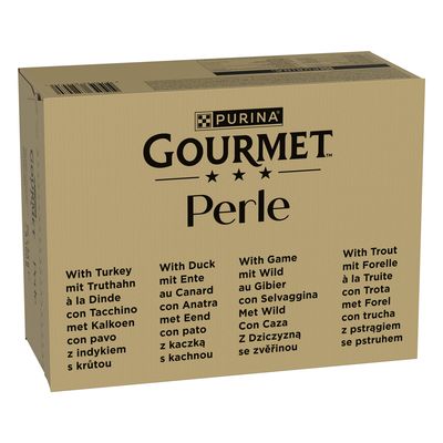 Gourmet Perle, boîte de 96 x 85 g, variétés au saumon, poisson blanc, sardine, thon, colin, poissons de l’océan. Poids net total : 8160 g. Marquage vert « 96 » visible.
