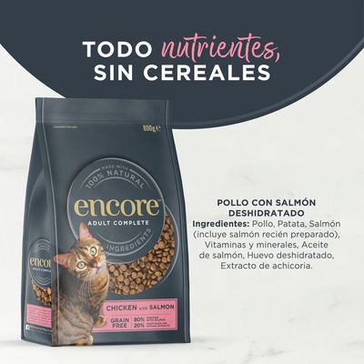 Encore Adult Complete comida para gatos, 800g, pollo con salmón, sin cereales, 80% pollo y salmón, 20% extractos naturales, 100% ingredientes naturales.