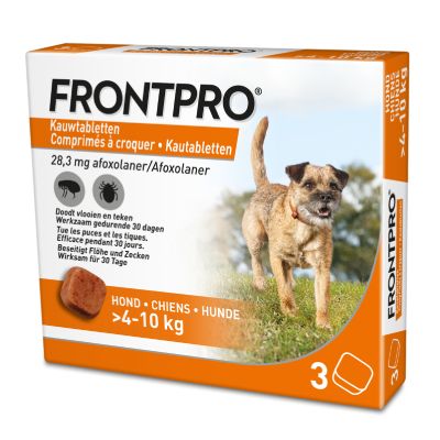 FRONTPRO kauwtabletten 11,3 mg afoxolaner voor hond 2–4 kg, doodt vlooien en teken, werkzaam 30 dagen, verpakking met 3 tabletten. Tekst in Nederlands, Frans, Duits.