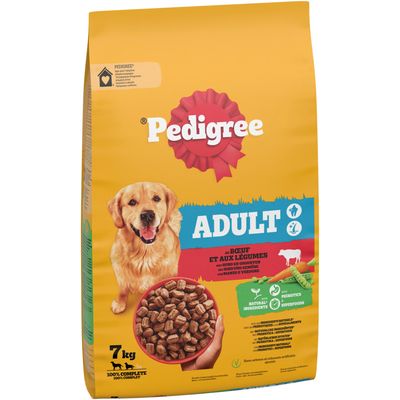 Pedigree Adult z govedino in zelenjavo, 7 kg. Z naravnimi sestavinami, prebiotiki in superživili. Brez umetnih barvil ali arom. 100 % popolna hrana.