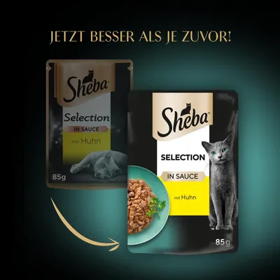 Sheba Selection in Sauce mit Huhn 85g új csomagolás, német nyelvű felirat: 'JETZT BESSER ALS JE ZUVOR!'. Két tasak és egy tál étel látható.