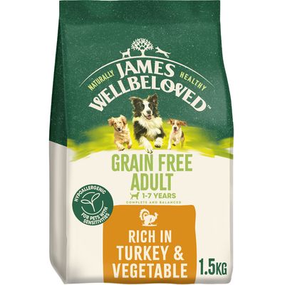 Grain free adult food for ages 1-7 years, hypoallergenic for pets with sensitivities, rich in turkey and vegetable, 1.5kg.