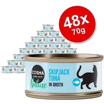 COSMA Nature Skipjack Tuna in Broth, 48 x 70g tins shown with cat silhouette on label and red circle displaying pack size. Metal tin packaging visible. COSMA Nature Skipjack Tuna in Broth, 48 x 70g tins shown with cat silhouette on label and red circle displaying pack size. Metal tin packaging visible.