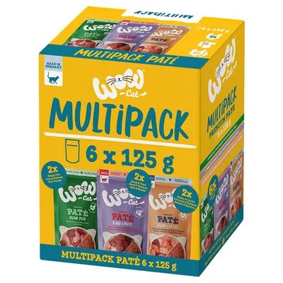 WOW Cat Multipack Paté, 6 x 125 g. Made in Germany. Bevat drie varianten paté voor katten, elk met 2 porties. Verpakking toont productzakjes en gewichtsinformatie.