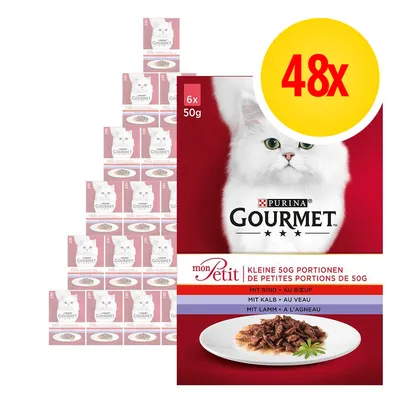 Purina Gourmet mon Petit, confezione da 48x50g, vari gusti: manzo, vitello, agnello. Immagine di scatole con gatto bianco e piatto di bocconcini in salsa.