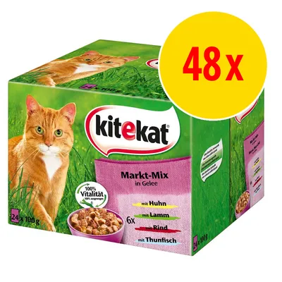 Kitekat Markt-Mix in Gelee, 48x100g. Synlig tekst: 100% Vitalität, mit Huhn, mit Lamm, mit Rind, mit Thunfisch. Stor gul cirkel med rød tekst: 48x.