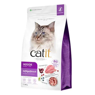 Catit Indoor carne de ave, esterilizado, a partir de 1 año. Completo y equilibrado con 80% de proteínas animales, hígado natural y superalimentos. Sin cereales, envase reciclable, 400g.