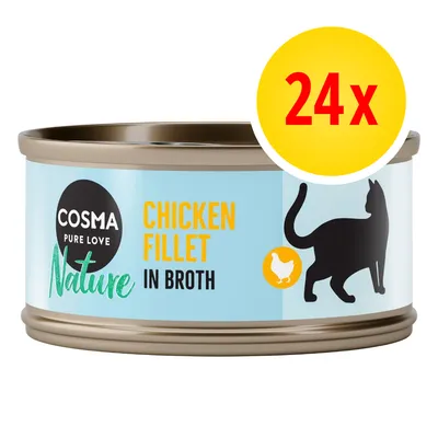 Cosma Nature Pure Love Chicken Fillet in Broth, pack of 24 cans, with chicken fillet text and cat silhouette visible on the label.