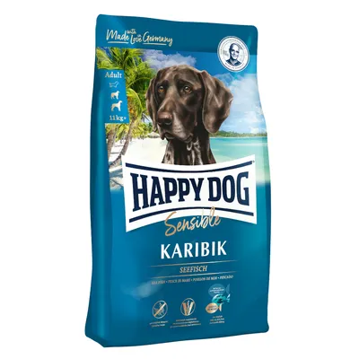 Balení krmiva Happy Dog Sensible Karibik Seefisch pro dospělé psy od 11 kg, vyobrazený pes, text: Made with love in Germany, piktogramy ryby a psa. Balení krmiva Happy Dog Sensible Karibik Seefisch pro dospělé psy od 11 kg, vyobrazený pes, text: Made with love in Germany, piktogramy ryby a psa.