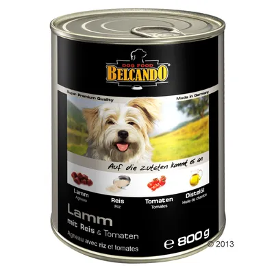 Lata de comida para cão Belcando Dog Food, 800 g, ingredientes visíveis: cordeiro, arroz, tomate, óleo de cardo. Texto em alemão e francês na embalagem.