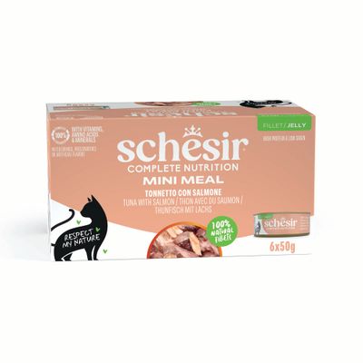 Schesir Mini Meal dla dorosłych kotów, tuńczyk w galarecie, 6x50g, 100% naturalne filety, z dodatkiem witamin.