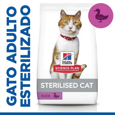 Hill's Science Plan Sterilised Cat Duck, pienso para gato adulto esterilizado. Texto visible: GATO ADULTO ESTERILIZADO, STERILISED CAT, DUCK. Imagen de pato en círculo morado. Hill's Science Plan Sterilised Cat Duck, pienso para gato adulto esterilizado. Texto visible: GATO ADULTO ESTERILIZADO, STERILISED CAT, DUCK. Imagen de pato en círculo morado.