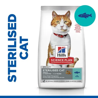 Hill's Science Plan Sterilised Cat Adult 6 months–1,6 years z tuńczykiem. Opakowanie karmy dla kotów sterylizowanych. Widoczny napis: STERILISED CAT.