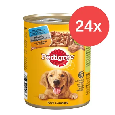 Pedigree Nassfutter in Pastete mit 3 Sorten Geflügel, 24x Dose, 100% Complete, für Hunde. Auf der Verpackung ist ein Hund abgebildet.