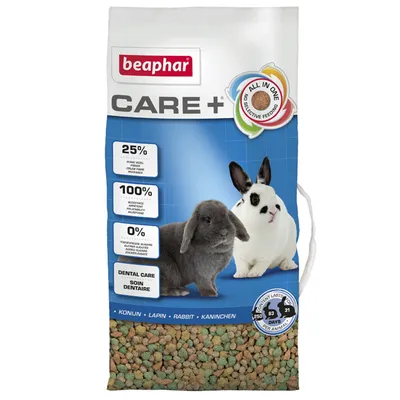 beaphar CARE+ alimento per conigli, 25% fibre grezze, 100% accettazione, 0% zuccheri aggiunti, dental care, immagine di due conigli, scritte in inglese e francese visibili sulla confezione