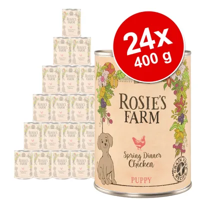 24 κονσέρβες Rosie's Farm Spring Dinner Chicken Puppy, 400 γρ η κάθε μία. Ετικέτα με σκύλο κουτάβι και κοτόπουλο, αναγράφεται Grain Free Recipe.