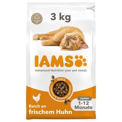 IAMS kattenvoer 3 kg, Junior 1–12 Monate, reich an frischem Huhn, Advanced Nutrition your pet needs, 100% Complete & Balanced Nutrition. Tekst deels in het Duits en Engels.