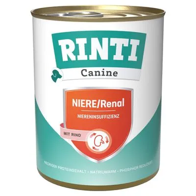RINTI Canine NIERE/Renal Niereninsuffizienz mit rund, blik hondenvoer. Tekst: lager proteingehalt, natriumarm, phosphor reduziert. RINTI Canine NIERE/Renal Niereninsuffizienz mit rund, blik hondenvoer. Tekst: lager proteingehalt, natriumarm, phosphor reduziert.