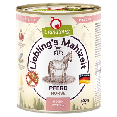 GranataPet Liebling's Mahlzeit PUR kôň, jedno bielkovinové, bez obilnín, s granátovými jadrami a zelenou mušľou, vyrobené v Nemecku, 800g netto.