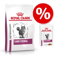 Royal Canin Veterinary Early Renal macskaeledel csomagolás, tasak és száraz táp képe, piros százalékos akciójelzéssel
