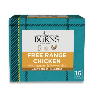 Burns Free Range Chicken with Carrots & Brown Rice, alimentation pour chiens adultes et seniors toutes races, 16 x 395 g. Développé par le vétérinaire John Burns.
