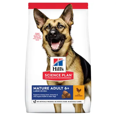 Hill's Science Plan Mature Adult 6+ Large 25 kg+ with Chicken -koiranruokapakkaus, teksti: Supports energy level, immunity & vital organs health in older dogs. Ei keinotekoisia värejä tai makuja.