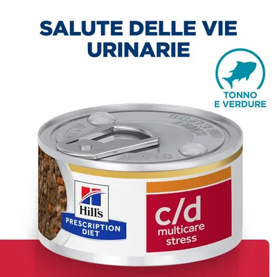 Hill's Prescription Diet c/d multicare stress, tonno e verdure. Testo visibile: salute delle vie urinarie. Lattina di alimento umido con etichetta rossa e bianca.