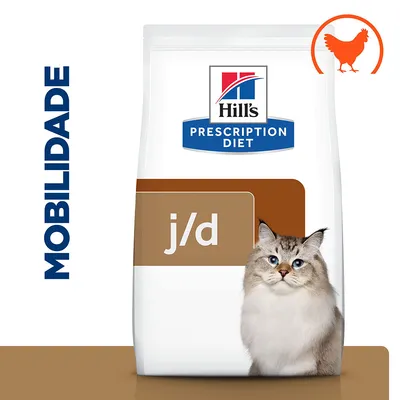 Embalagem de ração Hill's Prescription Diet j/d para gatos, com imagem de um gato, texto 'MOBILIDADE' e ícone de frango visíveis.