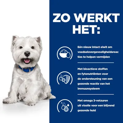 ZO WERKT HET: Eén nieuw intact eiwit om voedselovergevoeligheidsreacties te helpen vermijden. Met bioactieve stoffen en fytonutriënten voor het immuunsysteem. Met omega 3-vetzuren uit visolie.