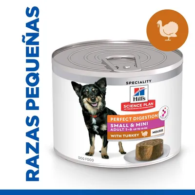 Lata de Hill's Science Plan Perfect Digestion Small & Mini Adult 1–6 con pavo, mousse. Texto visible: razas pequeñas, dog food, imagen de perro y porción de mousse en plato. Lata de Hill's Science Plan Perfect Digestion Small & Mini Adult 1–6 con pavo, mousse. Texto visible: razas pequeñas, dog food, imagen de perro y porción de mousse en plato.