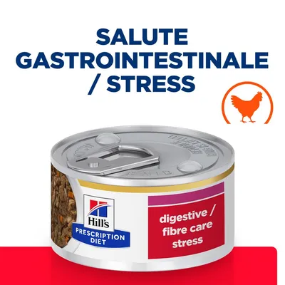 Scatoletta Hill's Prescription Diet digestive/fibre care stress, testo: salute gastrointestinale/stress, icona arancione di pollo visibile sull'immagine.