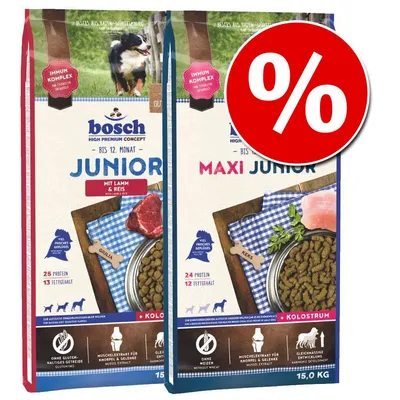 bosch Junior és Maxi Junior kutyatáp, 15 kg-os csomagok, látható: fehérje- és zsírtartalom, immun komplex, akciós százalékjel, mit lamm & reis, kolosztrum feliratok