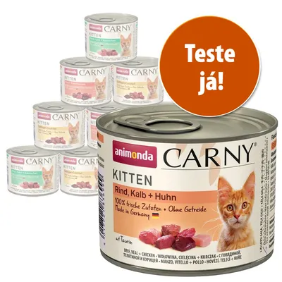 Várias latas de comida húmida para gatinhos animonda Carny Kitten. Texto visível: 'Rind, Kalb + Huhn', '100% frische Zutaten • Ohne Getreide', 'Teste já!'. Imagem de um gatinho.