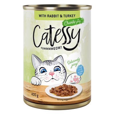 Catessy Chunks in Gravy mit Kaninchen und Truthahn, 400 g Dose, köstlich saftig, ohne zugesetzten Zucker.