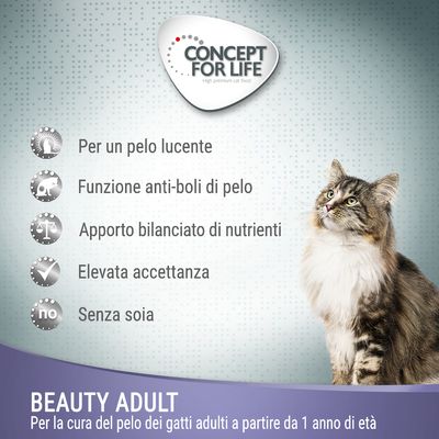 Concept for Life Beauty Adult per gatti adulti, per un pelo lucente, funzione anti-boli di pelo, apporto bilanciato di nutrienti, elevata accettanza, senza soia. Per gatti da 1 anno.