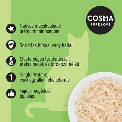 COSMA PURE LOVE. Nedves macskaeledel prémium minőségben, sok friss hússal vagy hallal, mesterséges tartósítószer, ételszínezék és ízfokozó nélkül, single protein, fajtának megfelelő táplálás.