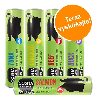 COSMA PURE LOVE Snackies: TUNA, CHICKEN, BEEF, DUCK, SALMON. Gently freeze-dried, 100 % pure meat alebo fish. Oranžový kruh s textom Teraz vyskúšajte!