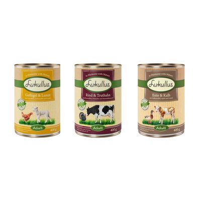 Lukullus Nassfutter für Hunde, Sorten: Geflügel & Lamm, Rind & Truthahn, Ente & Kalb. 400g Dosen, Adult, mit natürlichen Zutaten.
