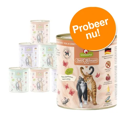 GranataPet DeliCATessen kattenvoer blik, smaak kalf & konijn. Op het blik staat: 'Probeer nu!', 'Paté', 'Kat & kaninchen veal & coney', Duitse vlag en diverse pictogrammen.