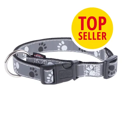 Obojek Trixie s potiskem tlapek, plastová přezka, kovový kroužek, nápis TOP SELLER v žlutém kruhu