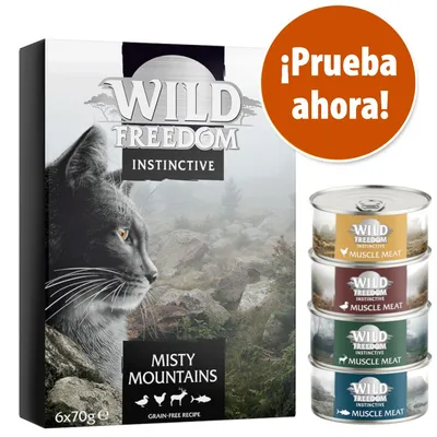 Wild Freedom Instinctive Misty Mountains, pack de 6x70g y 4 latas Muscle Meat. Texto visible: ¡Prueba ahora!