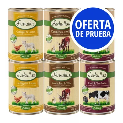 Latas de comida para perros Lukullus Adult 400 g: Geflügel & Lamm, Kaninchen & Wild, Rind & Truthahn. Etiqueta azul con texto: OFERTA DE PRUEBA.