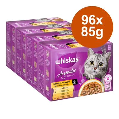 Whiskas Aromatic Selection fågelurval i sås, 96 x 85g. Multipack med kattmat i portionspåsar.