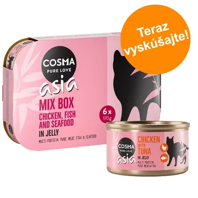 Cosma Pure Love Asia Mix Box, 6×170 g, kuracie, ryby a morské plody v želé. Konzerva: Chicken with Tuna in Jelly. Oranžový kruh s textom Teraz vyskúšajte!