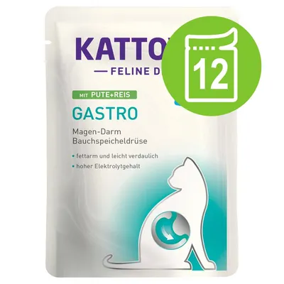 Kattovit Feline Diet Gastro met kalkoen en rijst, vetarm, licht verteerbaar, hoog elektrolytengehalte. Verpakking toont 12 stuks. Tekst deels in het Duits.